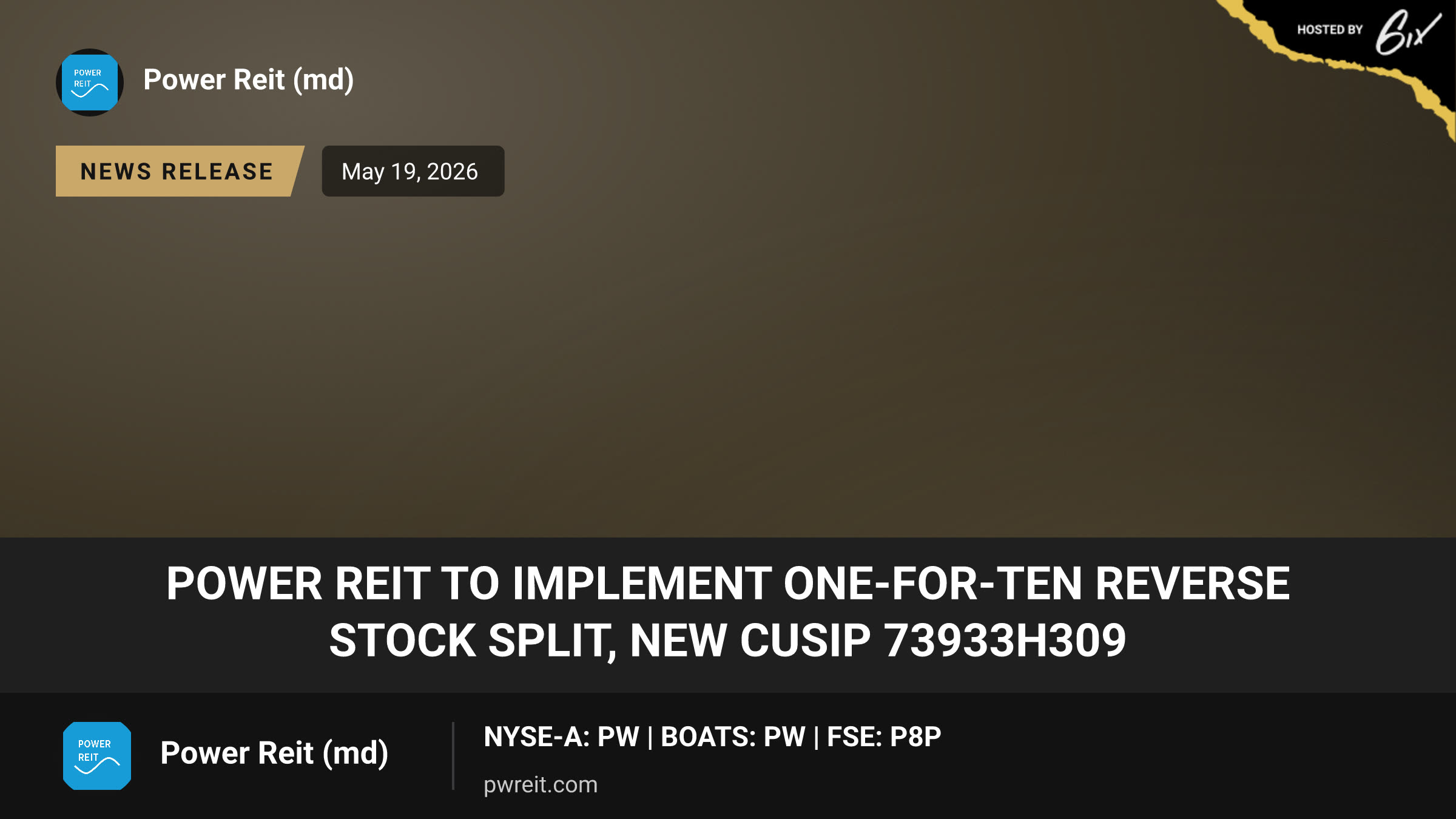 Power REIT to implement one-for-ten reverse stock split, new CUSIP 73933H309