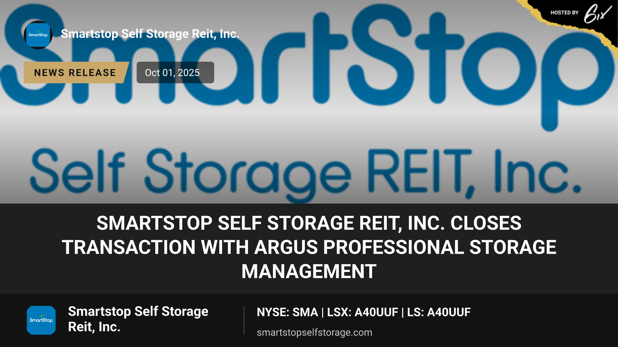 SmartStop Self Storage REIT, Inc. Closes Transaction With Argus Professional Storage Management