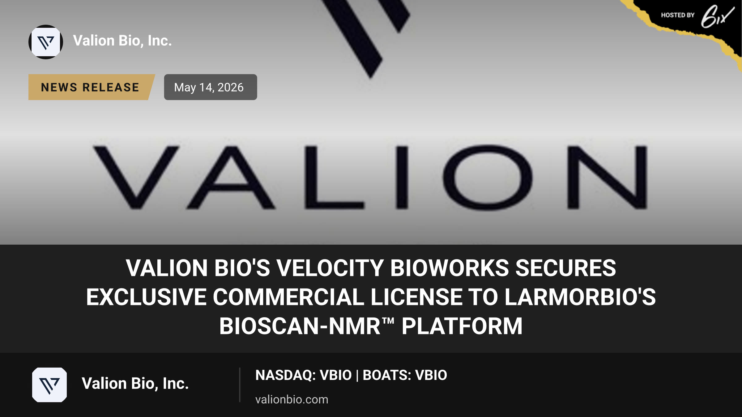 Valion Bio's Velocity Bioworks Secures Exclusive Commercial License to LarmorBio's BioScan-NMR™ Platform