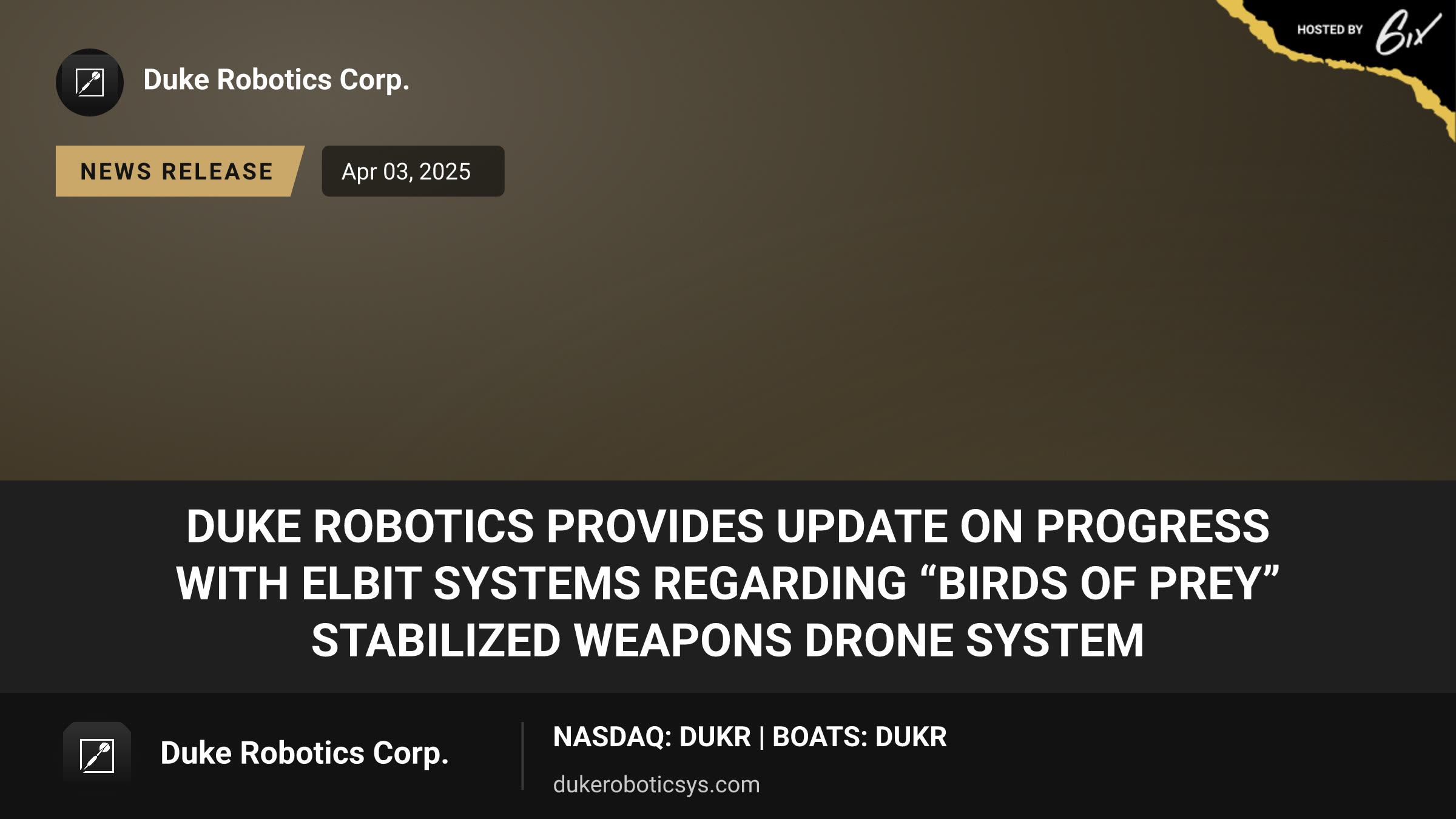 Duke Robotics Provides Update on Progress with Elbit Systems Regarding “Birds of Prey” Stabilized Weapons Drone System