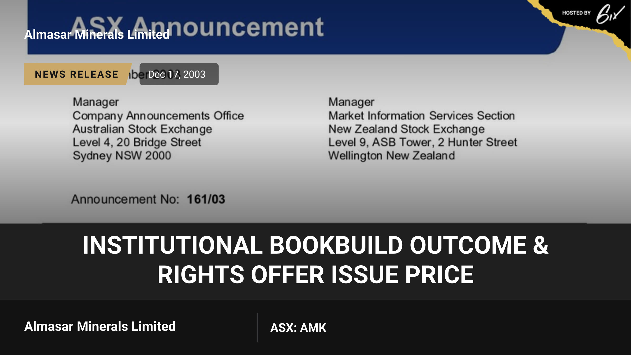 Institutional Bookbuild Outcome & Rights Offer Issue Price