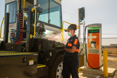 Charging infrastructure is one of the most important elements driving the electrification of the transportation industry. These ChargePoint CPE 250 DC fast charging stations are capable of delivering up to 125 kilowatts (KW) of power at a time. The BYD 8Y battery electric yard tractors “opportunity charge” between shifts and during driver breaks instead of charging overnight, which allows them to operate 24/7.