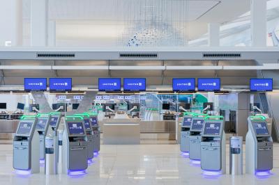 The new United Airline ticket counter in the Arrivals and Departures Hall at Terminal B at LaGuardia Airport opening on June 13, 2020.