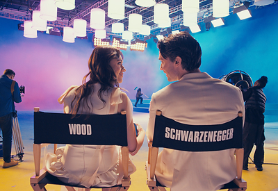 Aimee Lou Wood and Patrick Schwarzenegger flash smiles between takes as they show how easy—and rewarding—it is to pay with Venmo in-store and online.