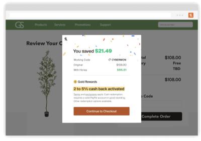 Cash back found and activated while shopping with Honey