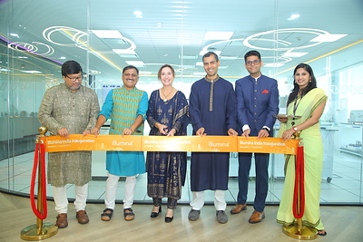 Senior executives from Illumina and Premas Life Sciences cut the ribbon at Illumina’s India office inauguration. (L to R): Premas Life Sciences Founder & Chairman Avijit Das, Premas Life Sciences Founder & Managing Director Praveen Gupta, Illumina SVP Asia-Pacific, Middle East & Africa Gretchen Weightman, Illumina CFO and Chief Strategy & Corporate Development Officer Joydeep Goswami, Illumina India Country Manager Abhishek Gupta, Illumina Executive Territory Account Manager Niketa Pawar