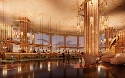 Main hotel lobby at dusk at Wynn Al Marjan Island