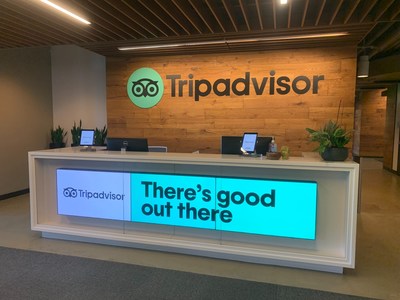 The reception area at Tripadvisor’s global headquarters in Needham, Mass., where patients from Newton-Wellesley Hospital and Mass General Brigham will check-in for their vaccinations.