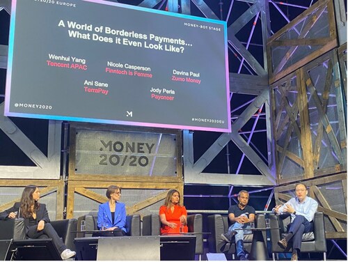 Wenhui Yang (far right), Deputy Managing Director of Business Development at Tenpay Global, joins a panel discussion with fintech industry peers on "What Will A World Without Borders Look Like?" at Money 20/20 Europe.