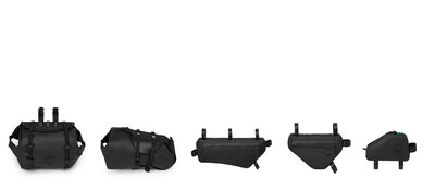 (L-R) Escapist Handlebar Bag, Escapist Saddle Bag, Escapist Frame Bag, Escapist Wedge Bag, Escapist Top Tube Bag