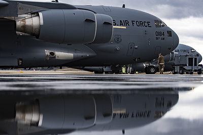 U.S. Air Force photo by Joshua J. Seybert (Airmen assigned to the 911th Aircraft Maintenance Squadron perform a pre-flight inspection on a C-17 Globemaster III at the Pittsburgh International Airport Air Reserve Station, Pa., March 3, 2020. Pre-flight inspections are performed on aircraft before every flight to ensure mission and operational readiness.)