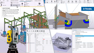 Tekla Structures 2025: Enhanced communication between field and office. Streaming point cloud data using Trimble Reality Capture platform service frees up disk space and keeps Tekla Model Sharing project participants up to date. The renewed Layout Manager transfers data to and from Trimble Connect effortlessly to allow Trimble FieldLink to automatically use up to date files.