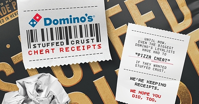 Domino’s Cheat Receipts promotion gives away free Parmesan Stuffed Crust Pizza to anyone who has ordered stuffed crust elsewhere in the past.