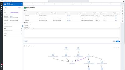 This screenshot of Pega Financial Crime and Alerts Investigation Management Accelerator shows how the solution helps investigators analyze information from a financial crime case and visualize the flow of funds between accounts or subjects involved.