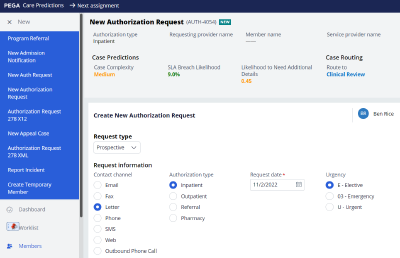 This screenshot shows how features in Pega Foundation for Healthcare help healthcare organizations predict the likely outcomes of a case while providing intelligent triage and routing of cases.