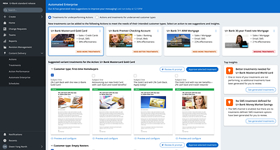 This screenshot shows a prototype of how financial services organizations might use Pega Customer Decision Hub integration with generative AI to produce content for marketers to review and approve, aimed at improving response rates to product and service offerings for their customers. Pega today announced plans for a set of new generative AI capabilities across its Pega Infinity software suite planned to be available in Q3 2023.