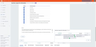 This screenshot shows new guided workflows in Pega Smart Investigate, allowing banks to save time and reduce errors in processing sanctions RFIs (requests for information).