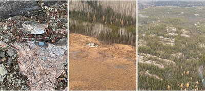 Figure 2: a) Quartz Feldspar Pegmatite, b) outcropping pegmatite from the swamp c) outcropping leucogranites in the northwest of the property.