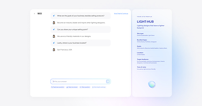 Users participate in an in-depth dialogue, where they receive follow-up questions according to their answers. Once all relevant information is completed, the tailor-made site is created with a layout, theme, text, images and business solutions.