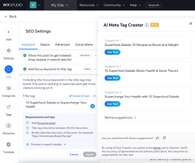 By clicking 'create with AI, in the SEO Panel, users can now create search-optimized title tags and meta descriptions based on page data, such as page type, page name, keyword, and page content.