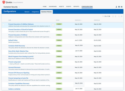 Qualys Container Runtime Security - create your own custom policies, use built-in policies or automatically generate policies from learned container behaviors