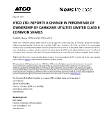ATCO LTD. REPORTS A CHANGE IN PERCENTAGE OF OWNERSHIP OF CANADIAN UTILITIES LIMITED CLASS B COMMON SHARES (CNW Group/ATCO Ltd.)