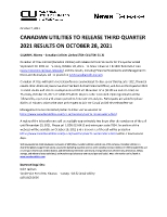CANADIAN UTILITIES TO RELEASE THIRD QUARTER 2021 RESULTS ON OCTOBER 28, 2021. (CNW Group/Canadian Utilities Limited)