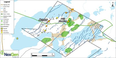 Figure 5: PCE and analogs, based on geological and geophysical similarities, shown as green shapes (CNW Group/NexGen Energy Ltd.)