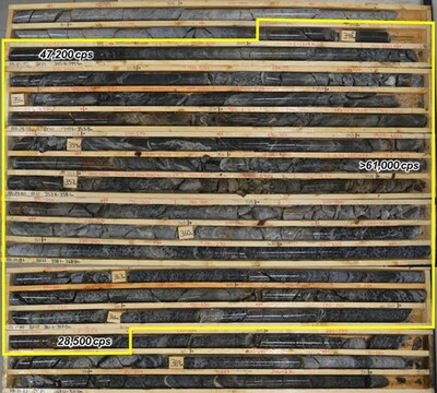 Figure 4: Localized basement-hosted uranium mineralization between 347.7 and 367.5 m (outlined in yellow) (CNW Group/NexGen Energy Ltd.)