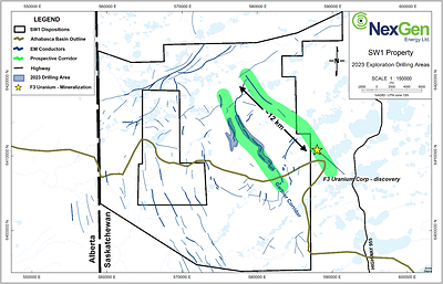 Figure 2: 2023 drill target areas (highlighted blue) within the Gartner Corridor on SW1. The fertile trend hosting F3 Uranium Corp’s discovery is interpreted to extend onto NexGen’s SW1 property. (CNW Group/NexGen Energy Ltd.)