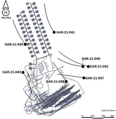 Figure 3: Plan view of the geotechnical drill hole traces underlain with the Feasibility Study Mine Design. (CNW Group/NexGen Energy Ltd.)