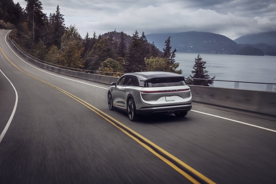Lucid Gravity Grand Touring on the scenic Sea to Sky Highway outside Vancouver, B.C. The Lucid Gravity Grand Touring is equipped with dual electric motors delivering 828 horsepower and can accelerate from 0-100km in 3.6 seconds, while delivering over 720km  of projected range on a single charge.
