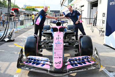 MONTREAL, QUEBEC – JUNE 12, 2025: Ian L. Edwards, President and CEO of AtkinsRéalis, and Karel Loos, Head of Trackside Engineering at the BWT Alpine Formula One Team, mark the official launch of the engineering partnership between AtkinsRéalis and the BWT Alpine Formula One Team on the eve of the Canadian Grand Prix weekend at Circuit Gilles-Villeneuve in Montreal. (Photo: Sam Bagnall / BWT Alpine Formula One Team) (CNW Group/AtkinsRéalis)