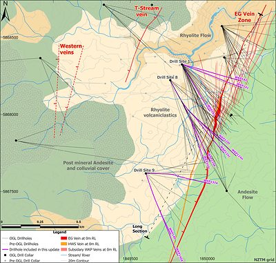 Figure 1: Wharekirauponga plan view of geology and drill traces highlighting the EG vein zone, T-Stream vein, and Western veins, and drill platform locations (CNW Group/OceanaGold Corporation)
