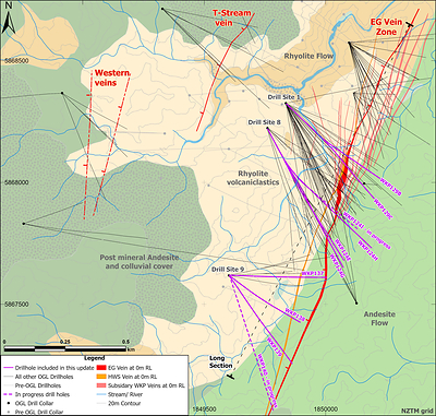 Figure 1: Wharekirauponga plan view of geology and drill traces highlighting the EG vein zone, T-Stream vein, and Western veins, and drill platform locations (CNW Group/OceanaGold Corporation)