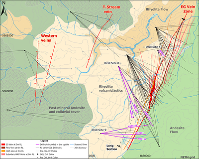 Wharekirauponga Plan View of Geology, Drill Traces and Distribution of 3 Main Vein Zones (CNW Group/OceanaGold Corporation)