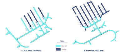 Figure 1: Plan view of 1025 level (A) and 1000 level (B) showing actual development (light blue) and planned development (dark blue) as at September 11, 2023. (CNW Group/OceanaGold Corporation)
