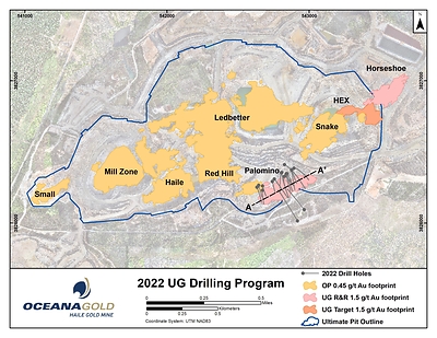 Figure 5: Plan view of the Haile Gold Mine with the reserve pit outline, open pit and underground mineralisation footprints and 2022 drill hole traces (CNW Group/OceanaGold Corporation)
