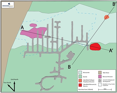 Figure 7:  Plan view of underground development and lithologic units a 2,300 mRL (CNW Group/OceanaGold Corporation)