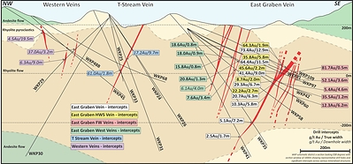 Figure 4: Wharekirauponga Schematic Cross Section Showing Geology and Historical and New Intercepts (WKP109) (CNW Group/OceanaGold Corporation)