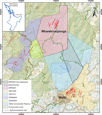 Figure 1: Location Map showing Waihi Gold Mine, WKP and permits held by OceanaGold
Note: MP60541 Extension of Land (EoL) is as proposed and subject to New Zealand Petroleum and Minerals approval. (CNW Group/OceanaGold Corporation)
