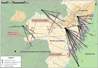 Figure 1: Plan View of Geology, Drill Traces and Distribution of 3 Main Veins at WKP (CNW Group/OceanaGold Corporation)