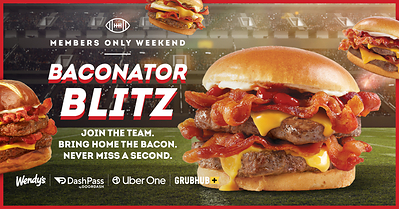 Wendy’s offers fans exclusive “members only” deal for a FREE Baconator on your favorite delivery app with a $20 minimum purchase across Wendy’s App, DoorDash, Uber Eats, or Grubhub this weekend.