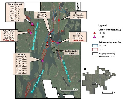 Figure 3. Highlighted surface sample results from early exploration at the Amisk Property. (CNW Group/SSR Mining Inc.)