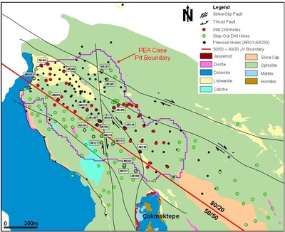 Figure 2: Drill hole locations and surface outline of PEA case pit. Note: Step-Out holes within the PEA boundary indicate mineralization below the PEA pit shell. (CNW Group/SSR Mining Inc.)