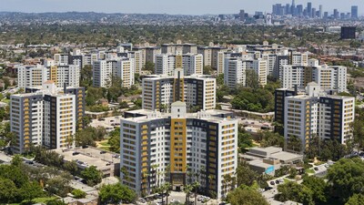 Photo courtesy of Prime Residential: Aerial photo of Park La Brea with Downtown Los Angeles skyline in the background