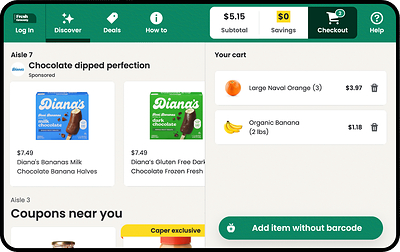 On the Caper Cart, customers can see the ad in the frozen aisle, add the item to their basket, and check out directly from the cart.