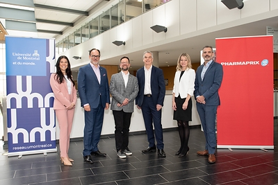 Pharmaprix donates $3 million to Université de Montréal for training and research to improve community pharmacy practice. Pictured: Lori Leblanc, VP Pharmacy Services and Strategic Initiatives, Pharmaprix; Daniel Jutras, Rector of the Université de Montréal; Simon de Denus, Dean of the Faculty of Pharmacy; Denis Roy, Senior Director, Professional Affairs, Elyse Desmeules, Senior Director, Professional Services; and Jean Thiffault, VP Finance and Professional Affairs, Pharmaprix. (CNW Group/Loblaw Companies Limited)