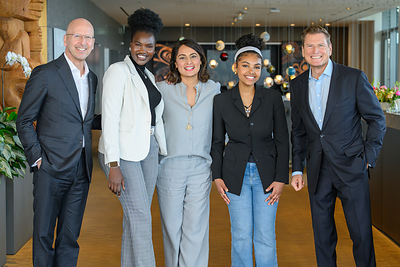 Left to Right: Victor Dodig, President and CEO, CIBC, Yom Jipur, TELUS Student Bursary Recipient, Juggy Sihota, SVP and Chair, TELUS Friendly Future Foundation, Soliyana Essayas, TELUS Student Bursary Recipient and Darren Entwistle, President and CEO, TELUS, pictured at an event on May 7 in Vancouver. (CNW Group/TELUS Friendly Future Foundation)