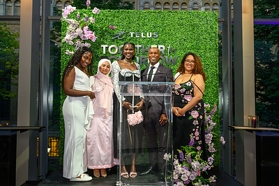 Kay Palmer pictured with Akil Bishop, SVP, Retail Operations, CIBC, at the Together for Tomorrow Gala on June 12 following the announcement of the TELUS Momentum Student Bursary, powered by CIBC Foundation. Also pictured (left to right): TELUS Student Bursary recipients Samarah Maqbool, Yom Jipur and Talia Longo. (CNW Group/TELUS Friendly Future Foundation)